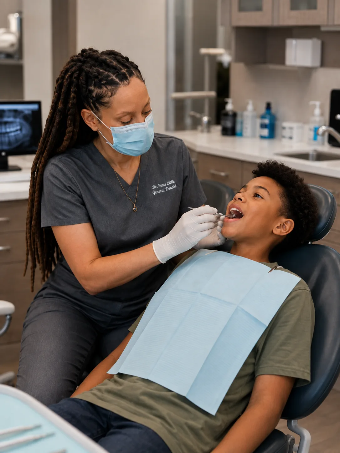 Dr. Paris Little examining a young patient at Clarity Dental in McDonough, Georgia