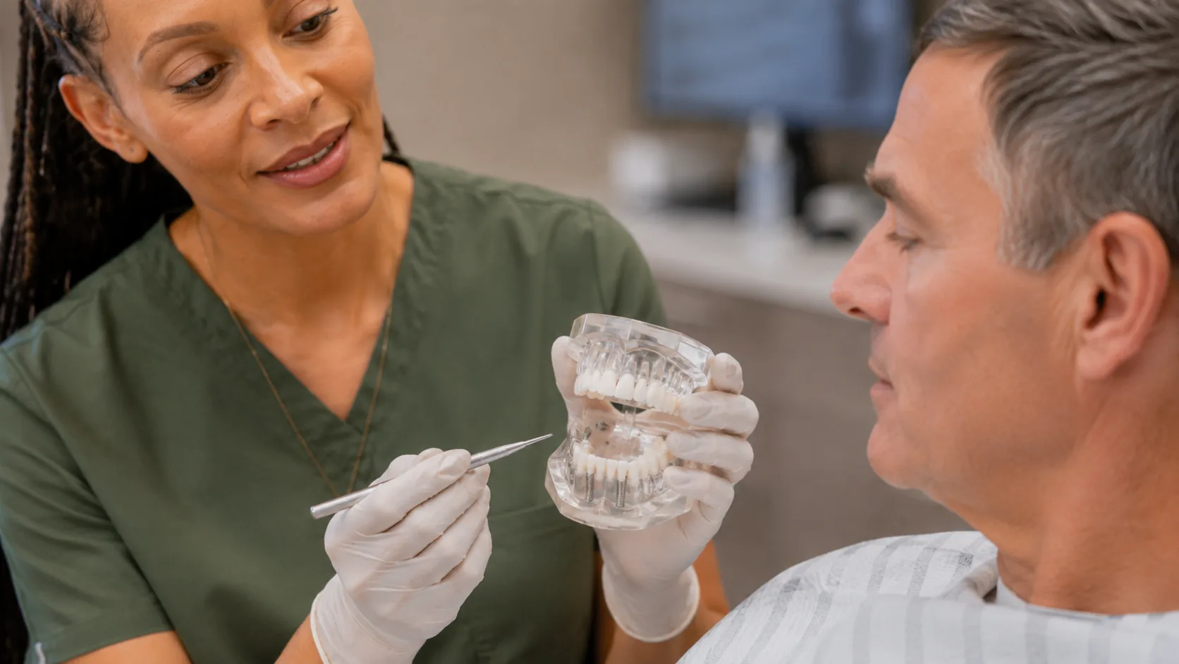 Dr. Paris Little showing a dental model to a patient at Clarity Dental in McDonough, Georgia