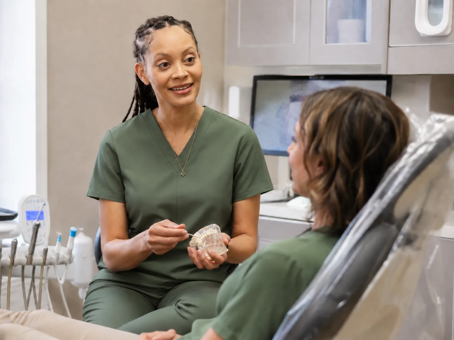 Dr. Paris Little seated chairside with a dental model at Clarity Dental in McDonough, Georgia