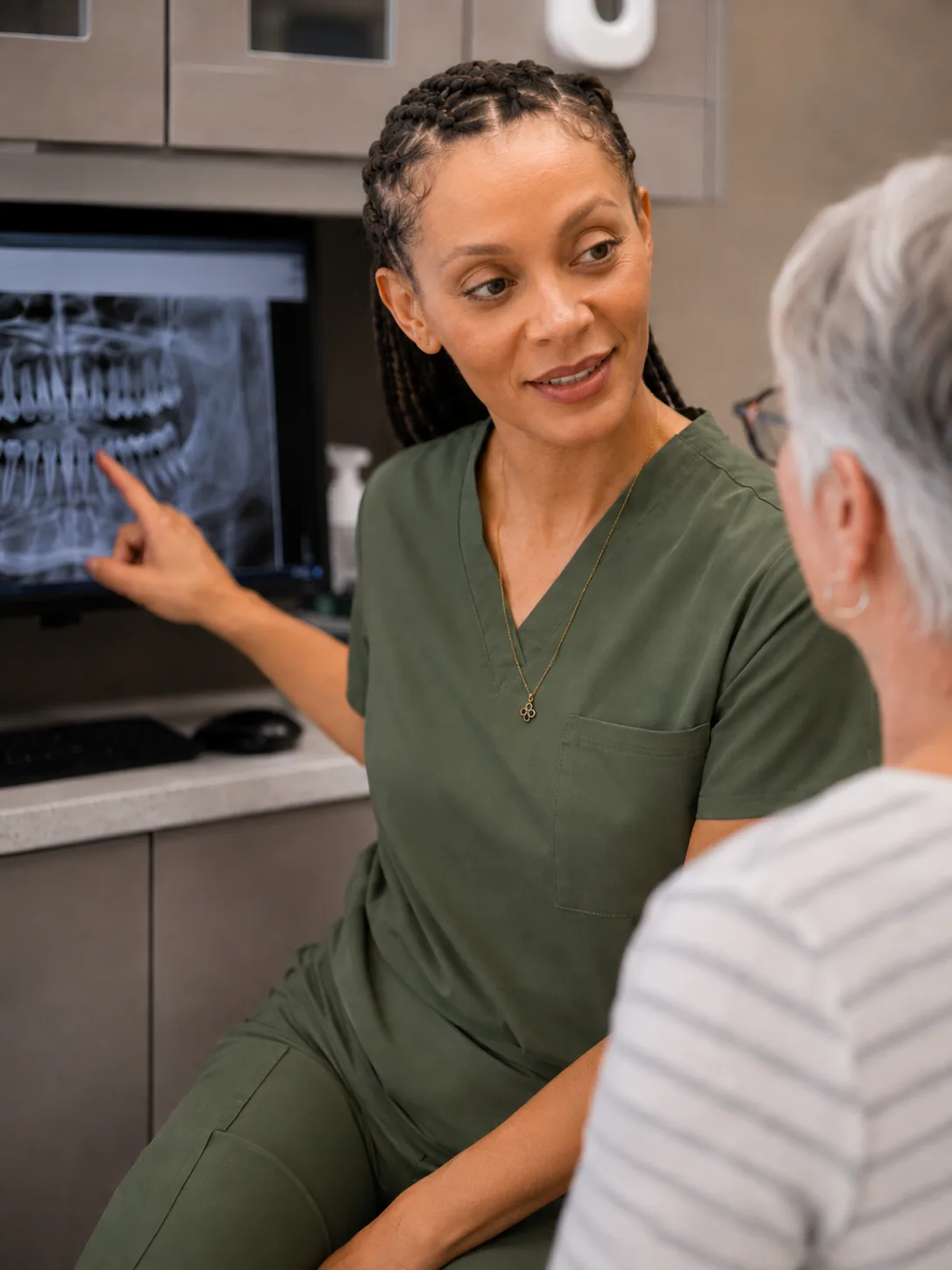 Dr. Paris Little explaining an X-ray to a patient at Clarity Dental in McDonough, Georgia