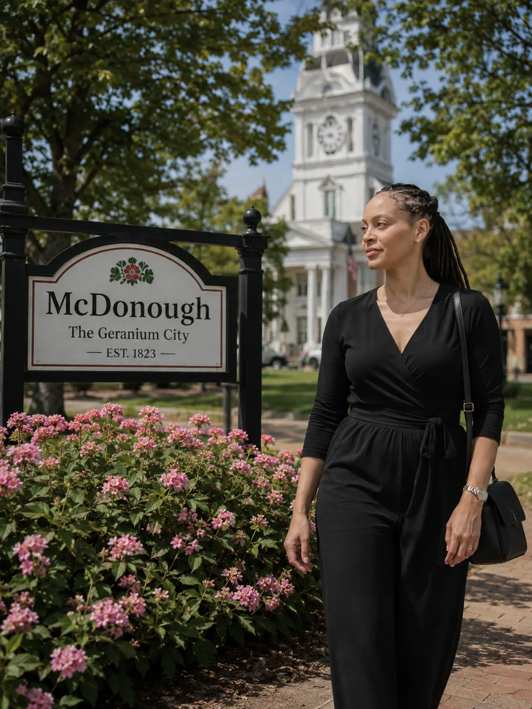 Dr. Paris Little beside the McDonough Geranium City sign near the courthouse