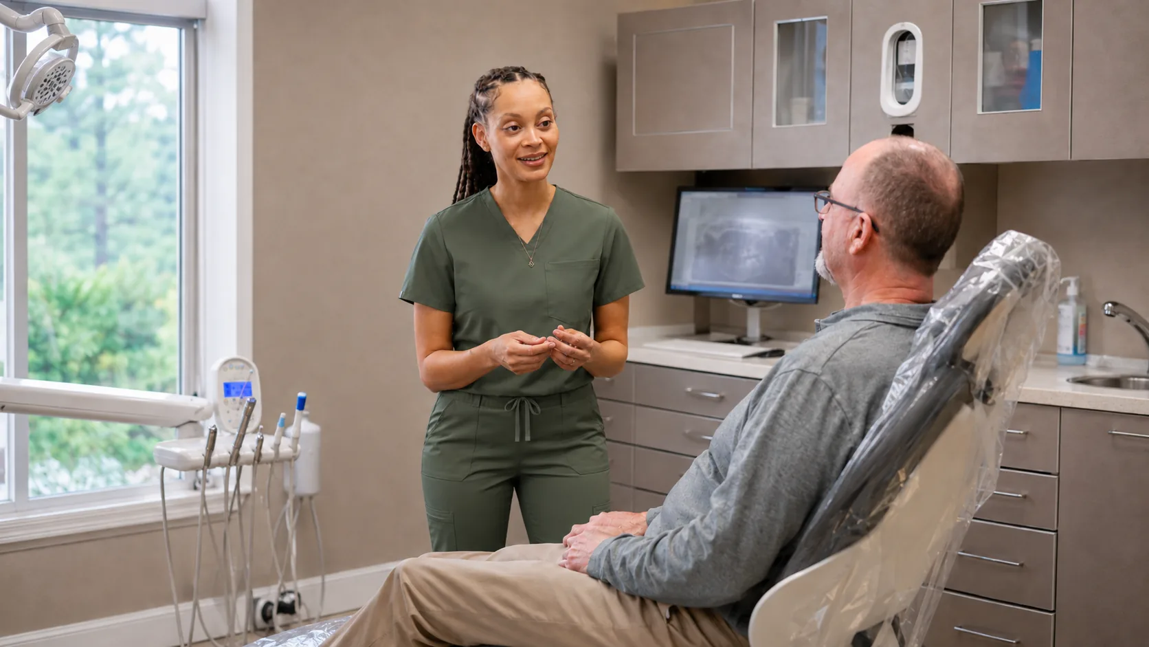 Dr. Paris Little standing chairside during a consultation at Clarity Dental in McDonough, Georgia