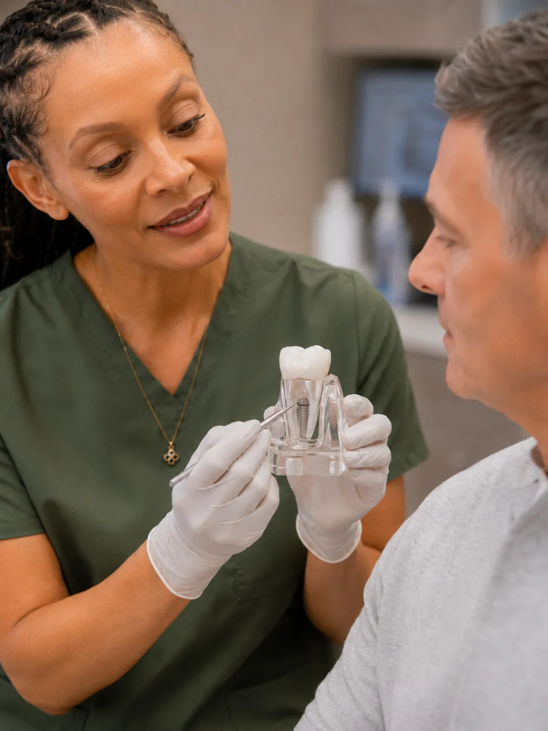 Dr. Paris Little using a dental model to explain restorative treatment at Clarity Dental in McDonough, Georgia