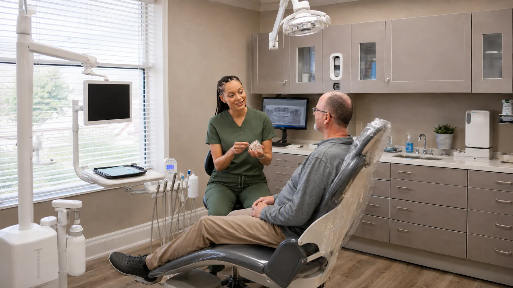 Dr. Paris Little with a patient in a treatment room at Clarity Dental in McDonough, Georgia