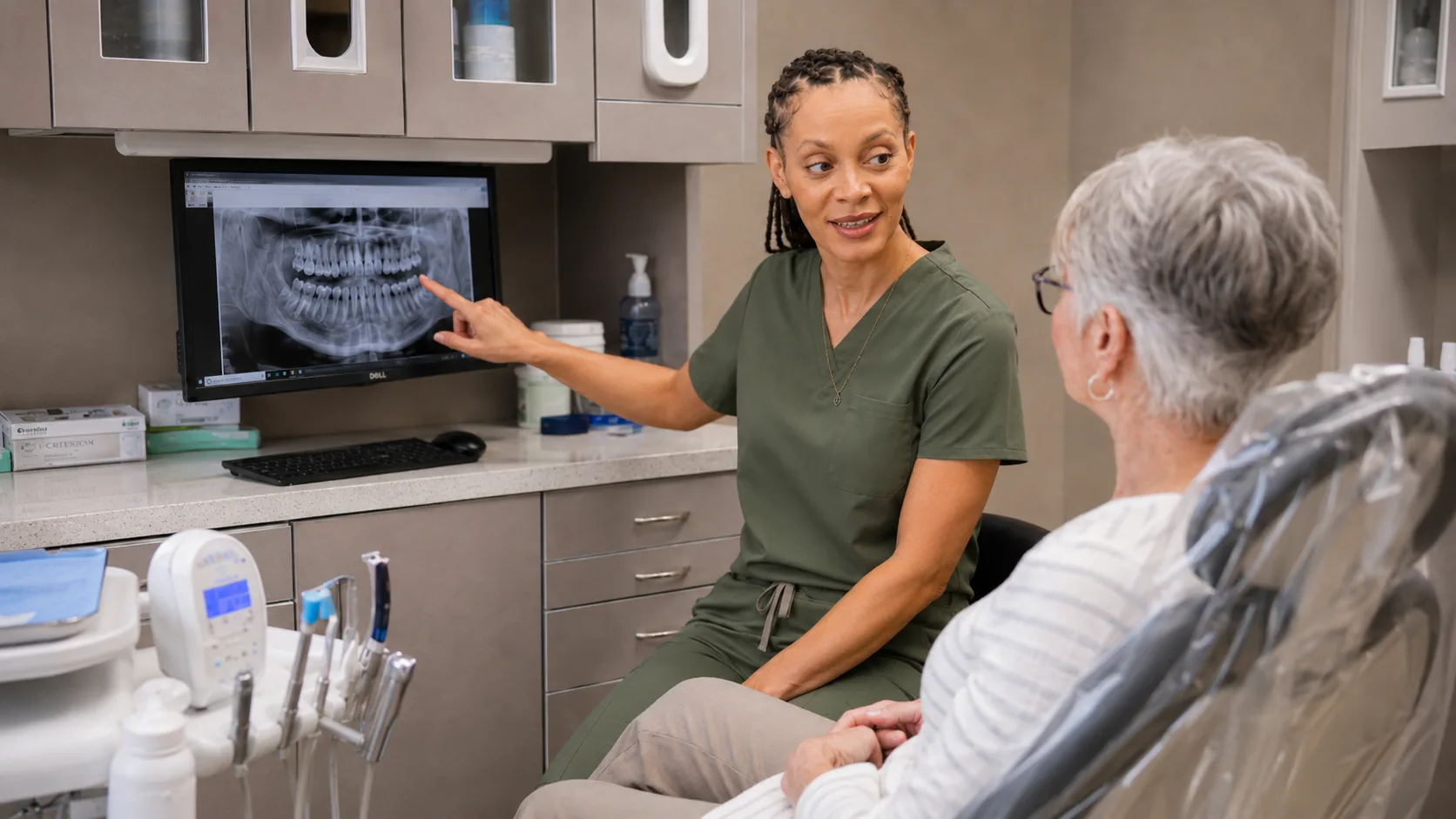 Dr. Paris Little pointing to a panoramic X-ray while talking with a patient at Clarity Dental in McDonough, Georgia