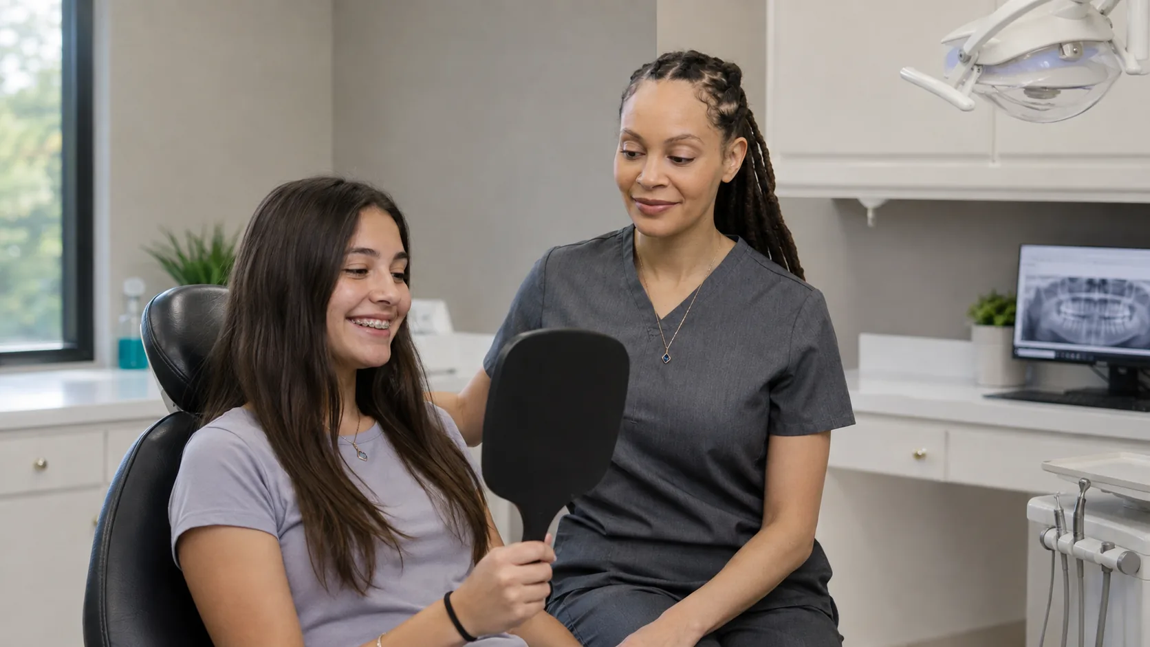 A patient checking her smile in a hand mirror with Dr. Paris Little at Clarity Dental in McDonough, Georgia