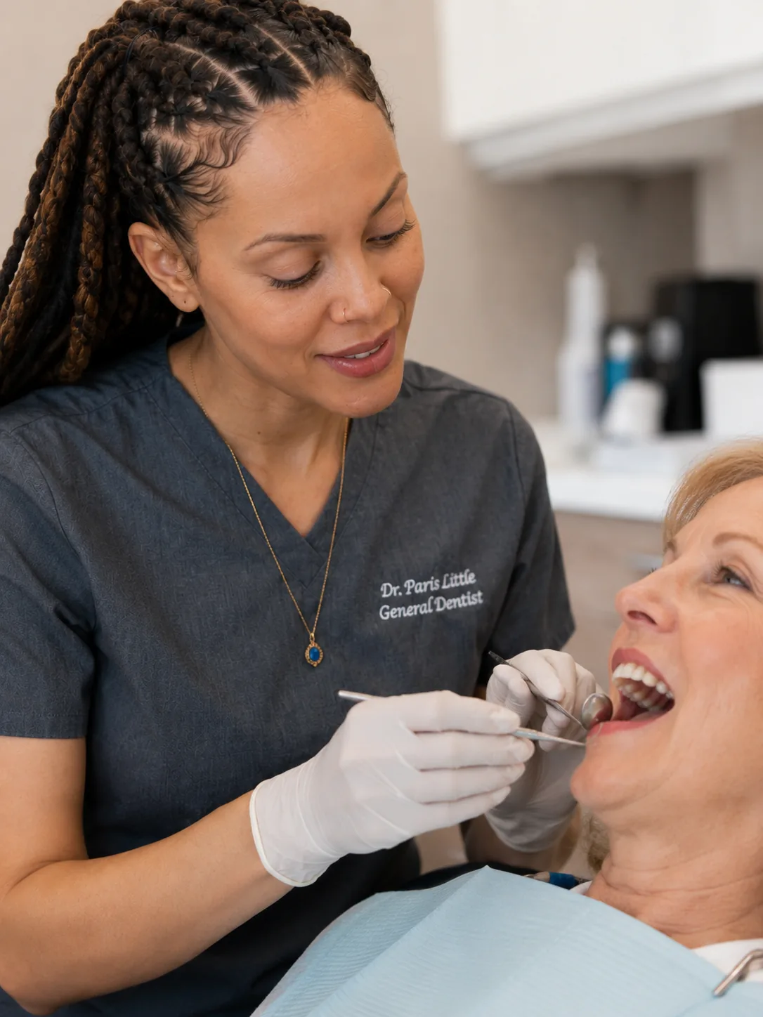Dr. Paris Little performing a dental exam for a senior patient at Clarity Dental in McDonough, Georgia