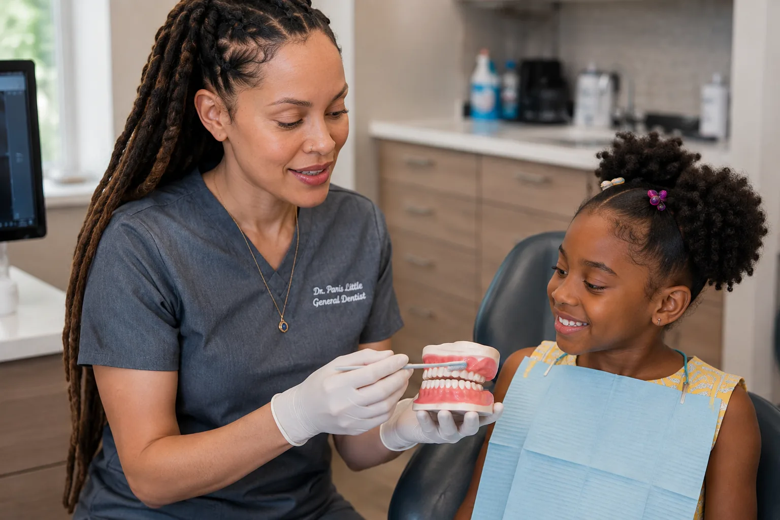 Dr. Paris Little showing a young patient how to care for teeth using a dental model at Clarity Dental in McDonough, Georgia