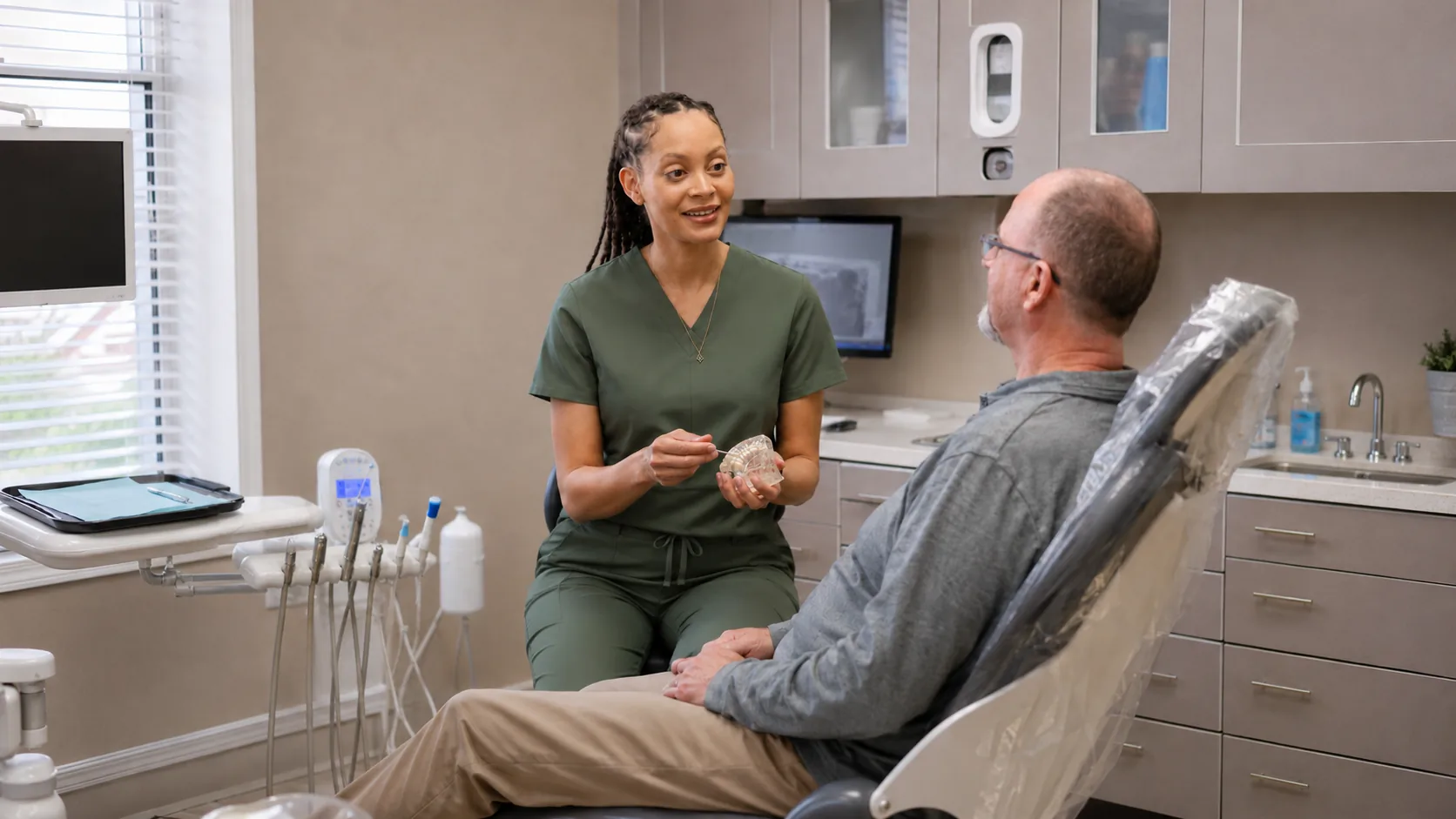 Dr. Paris Little talking through treatment options with a patient at Clarity Dental in McDonough, Georgia