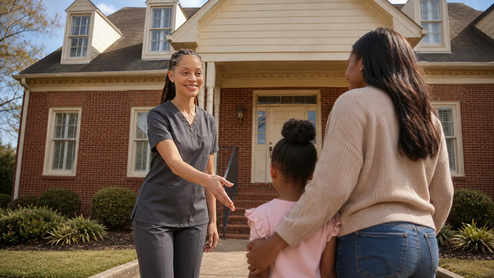 Dr. Paris Little welcoming a family outside the Clarity Dental office in McDonough, Georgia