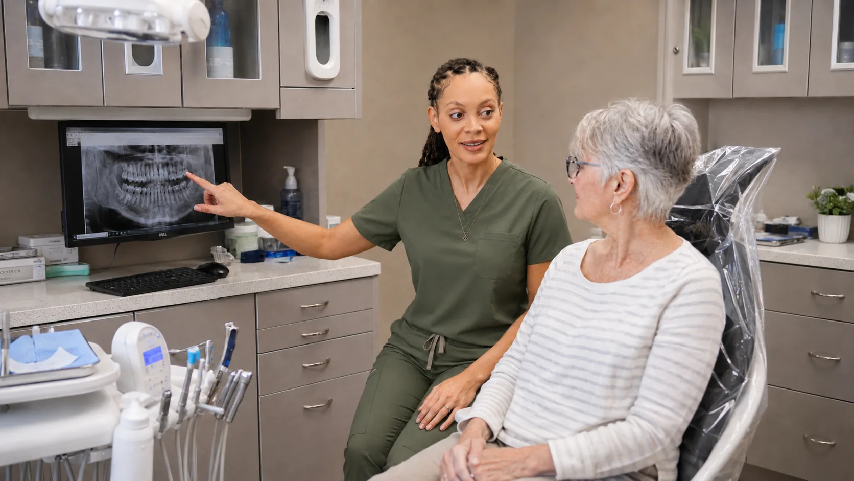 Dr. Paris Little reviewing a panoramic X-ray with a senior patient at Clarity Dental in McDonough, Georgia