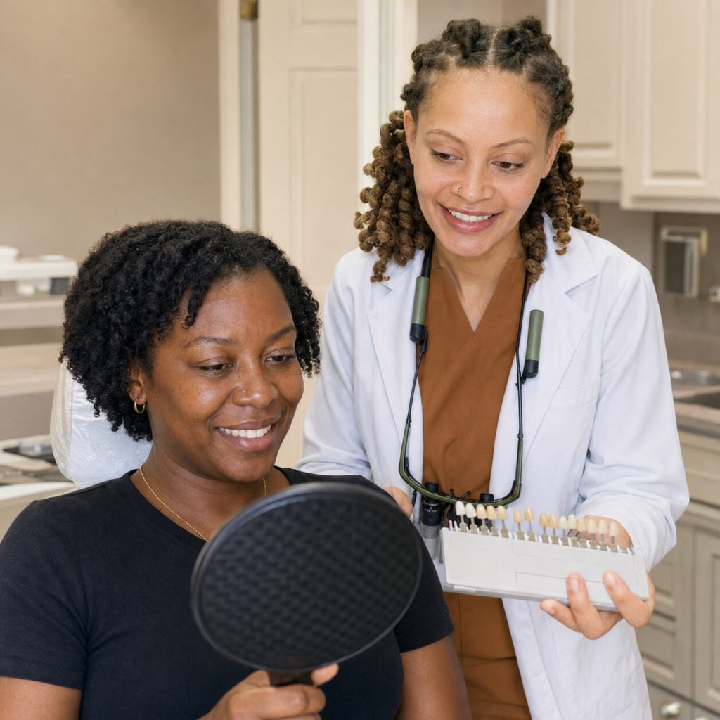 Clinician holding shade tabs while a patient checks her smile in a hand mirror