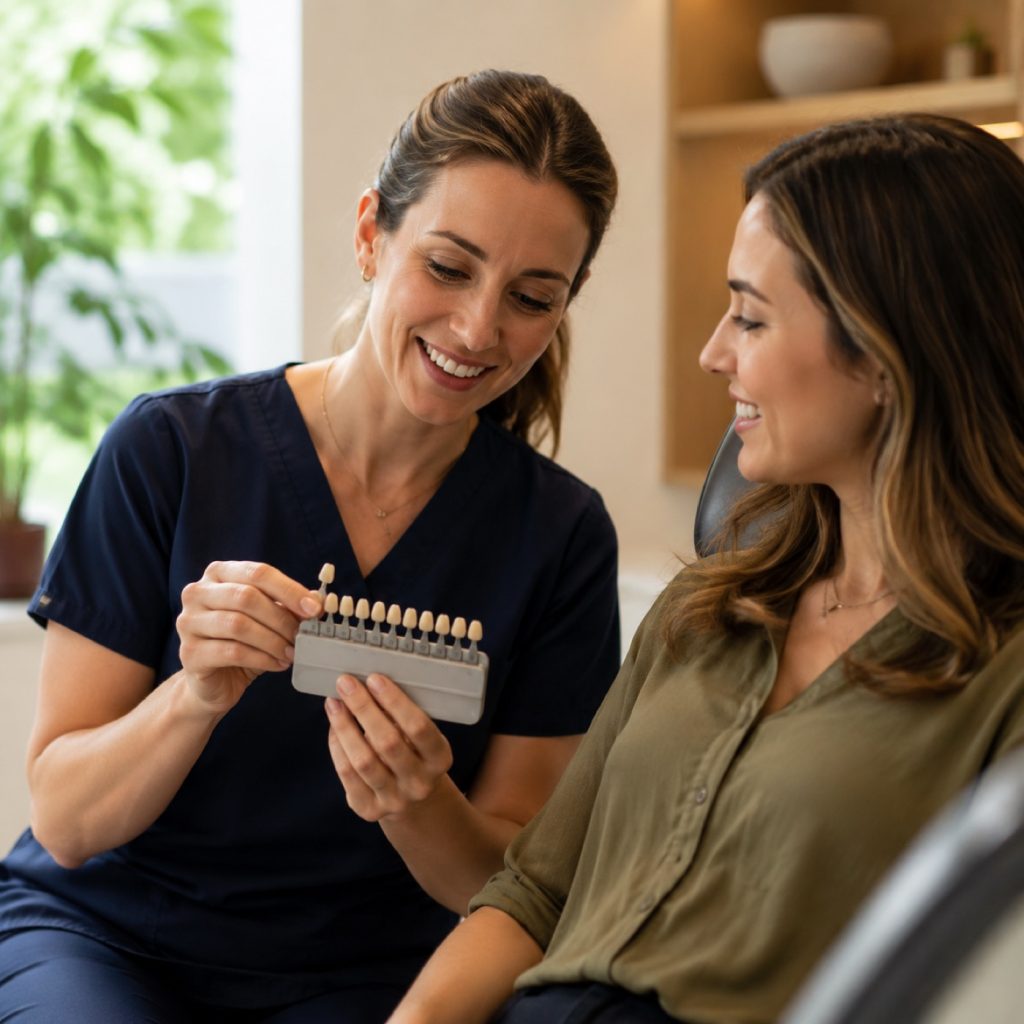 Clinician holding a tooth shade guide beside a patient's smile
