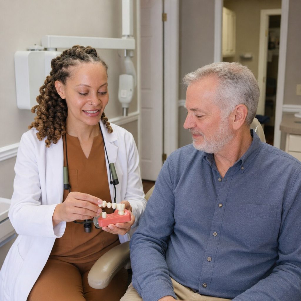 Clinician showing a dental bridge model to a patient