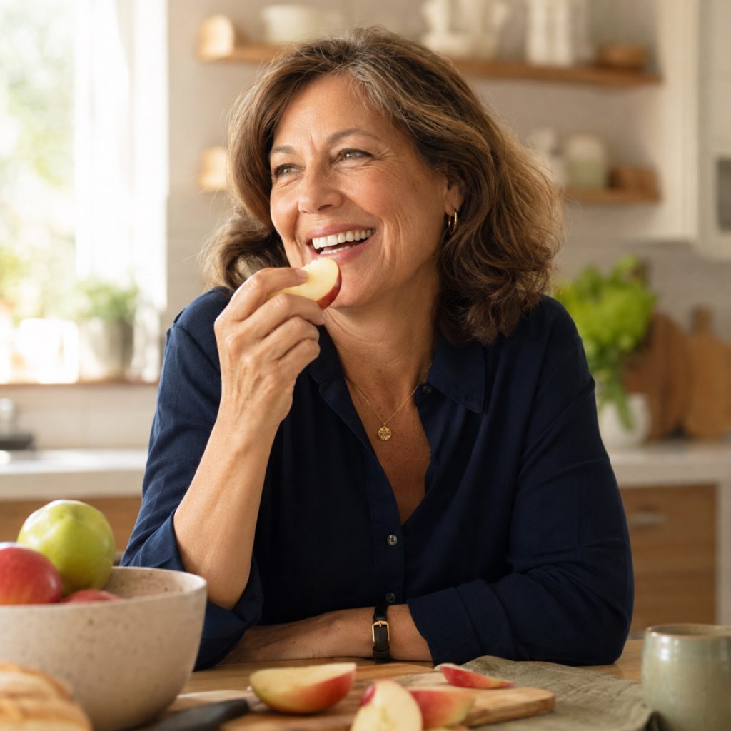 Woman biting into an apple slice with a confident smile
