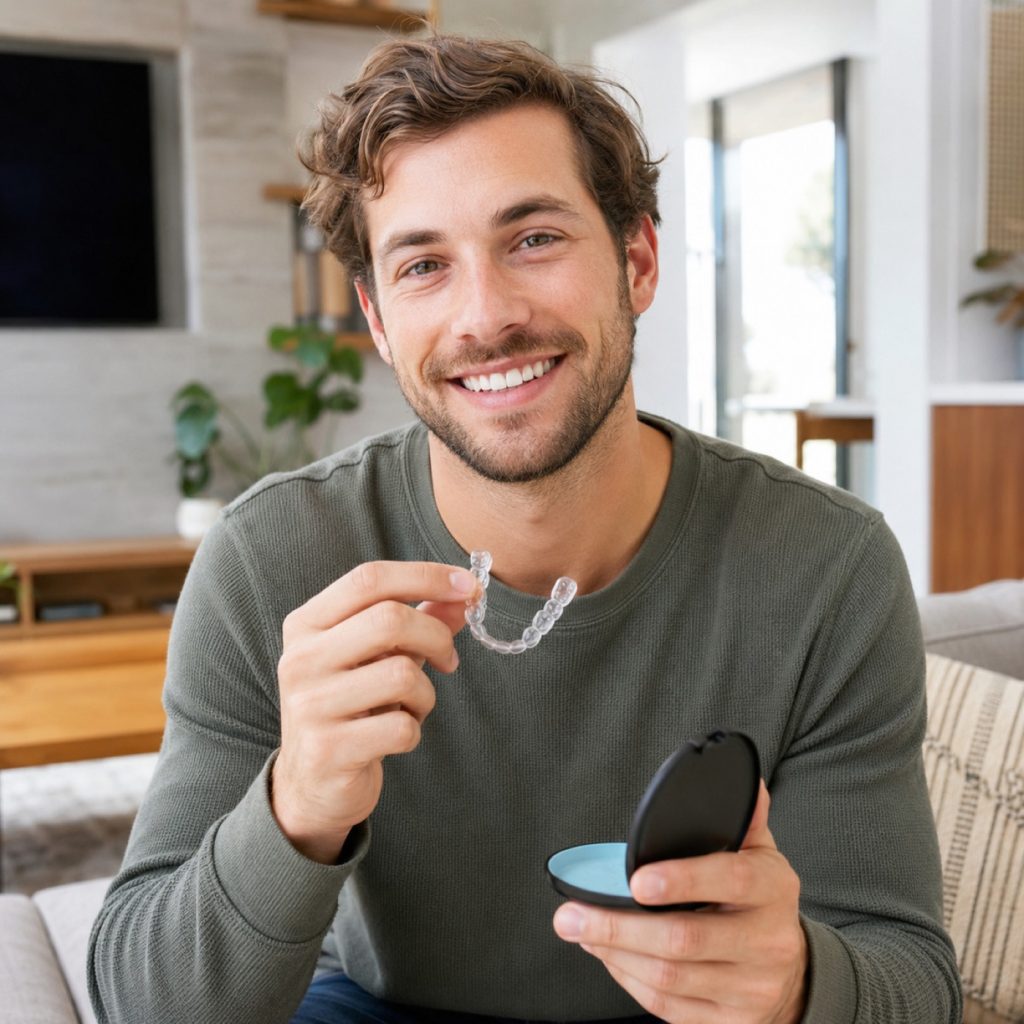 Young man holding a clear aligner tray and its case