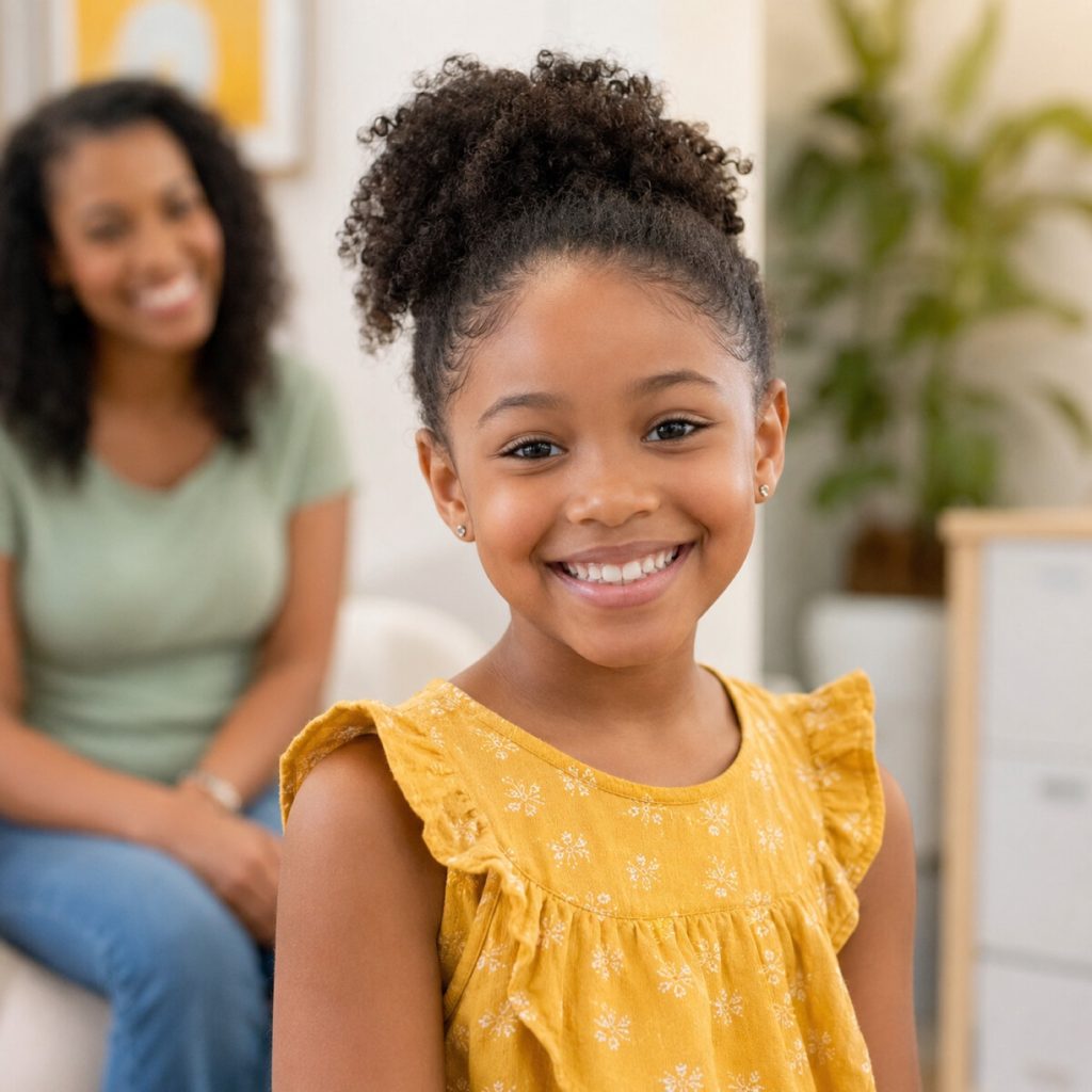 Young girl smiling brightly with her mother nearby