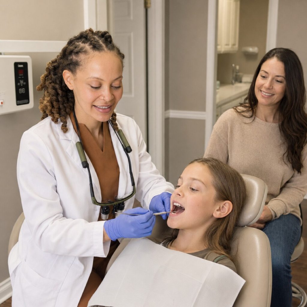 Clinician treating a child's teeth during a sealant visit while her mother looks on
