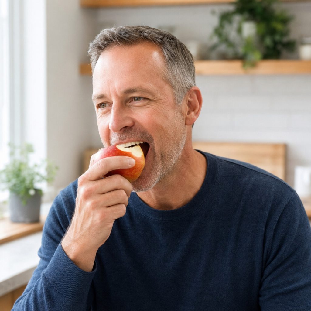 Man biting confidently into an apple, the kind of chewing strength dental crowns restore
