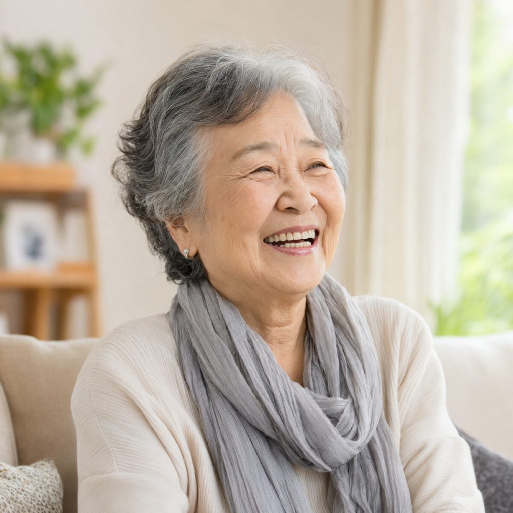 Older woman laughing warmly at home with a natural-looking smile