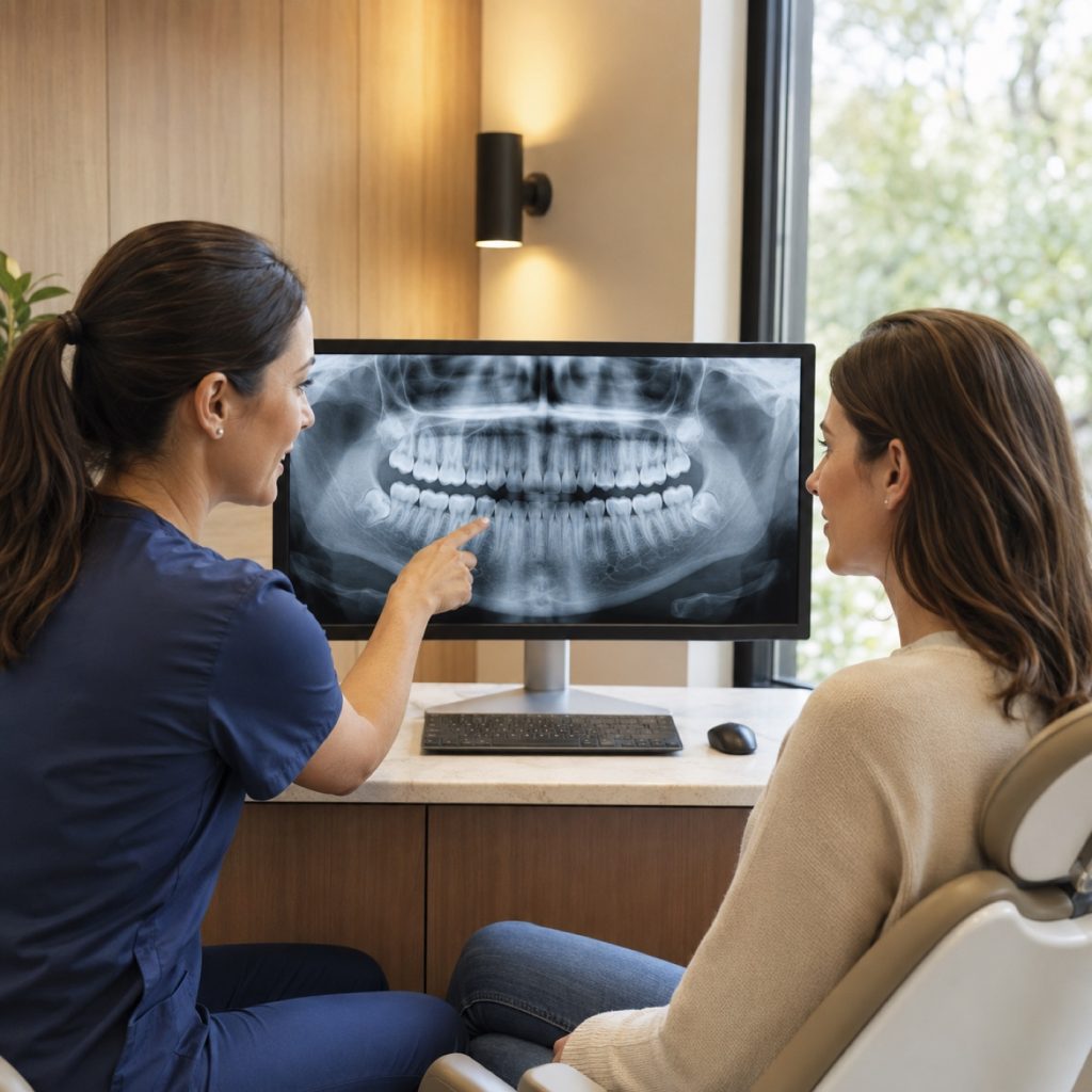 Clinician pointing out details on a panoramic dental X-ray with a patient