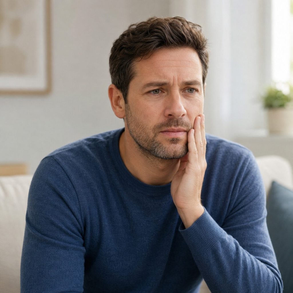 Man holding his cheek from tooth pain before calling an emergency dentist
