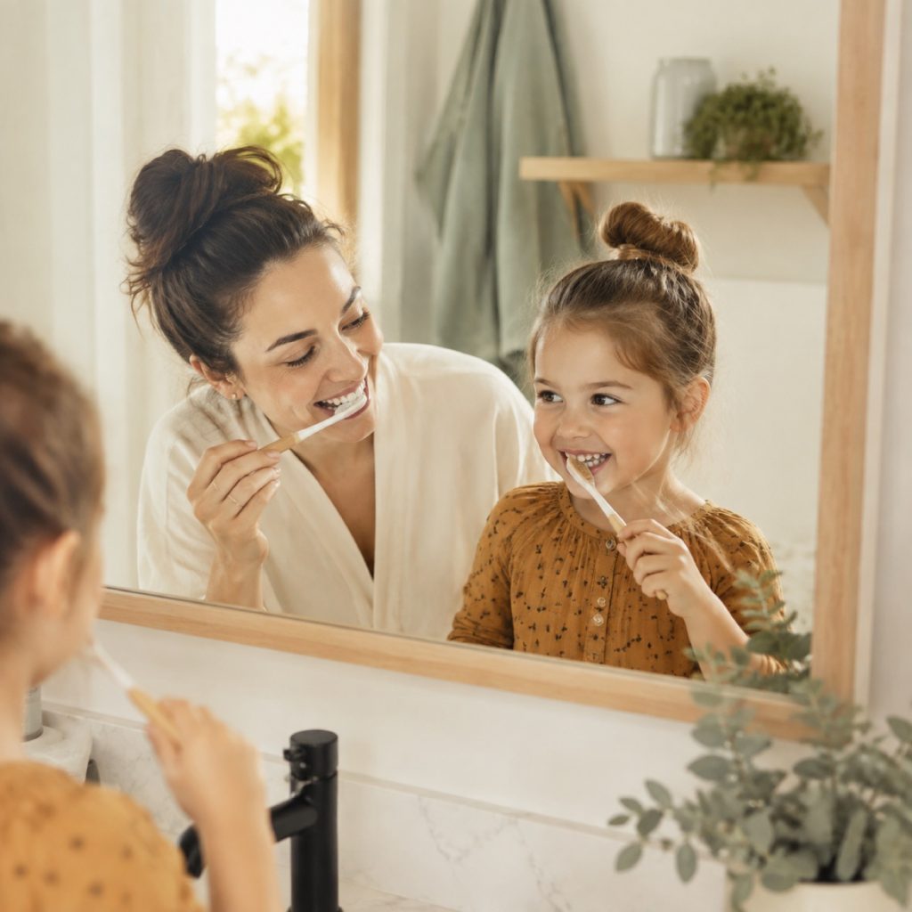 Mother and daughter brushing their teeth together at the bathroom mirror