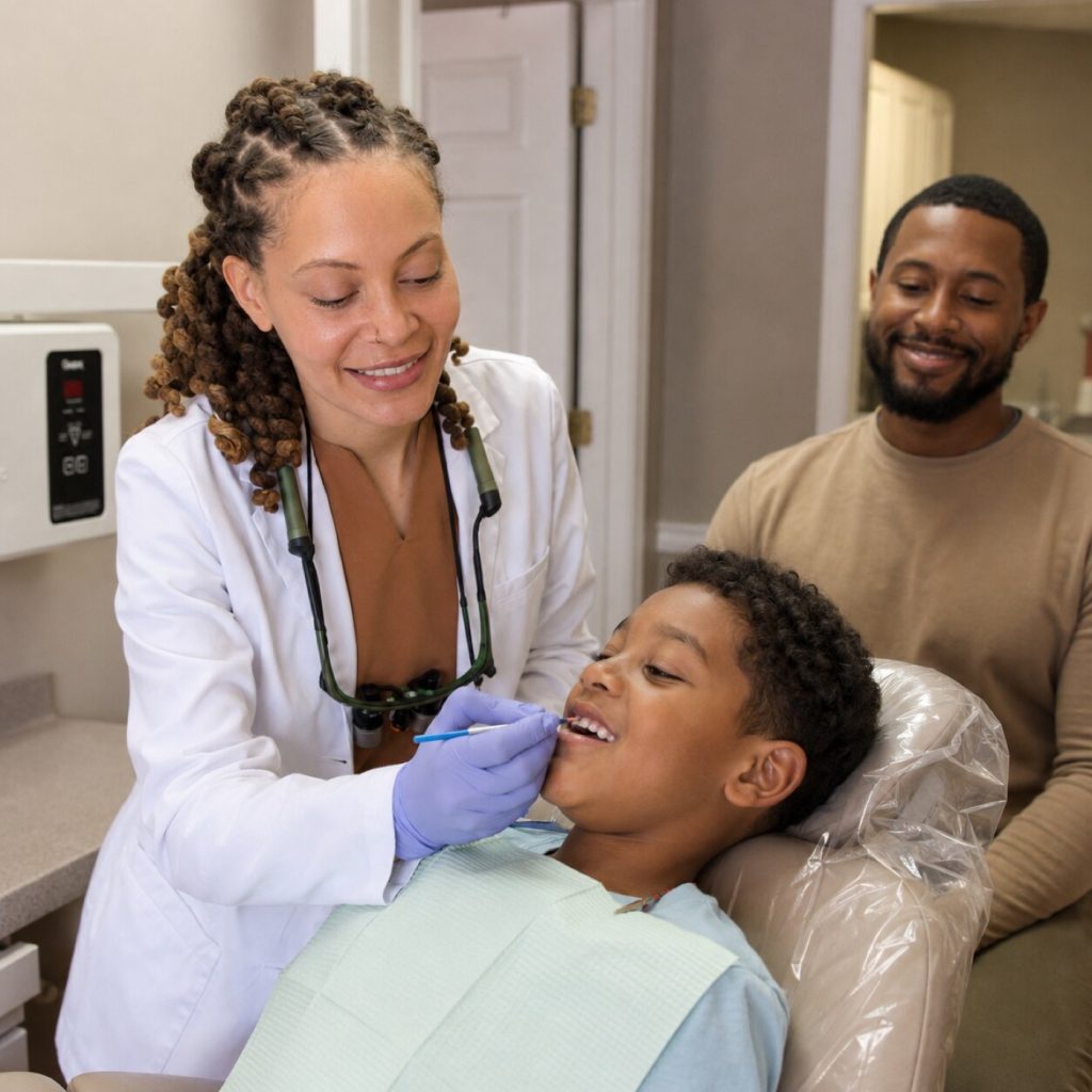 Clinician applying fluoride varnish to a young boy's teeth while his father watches