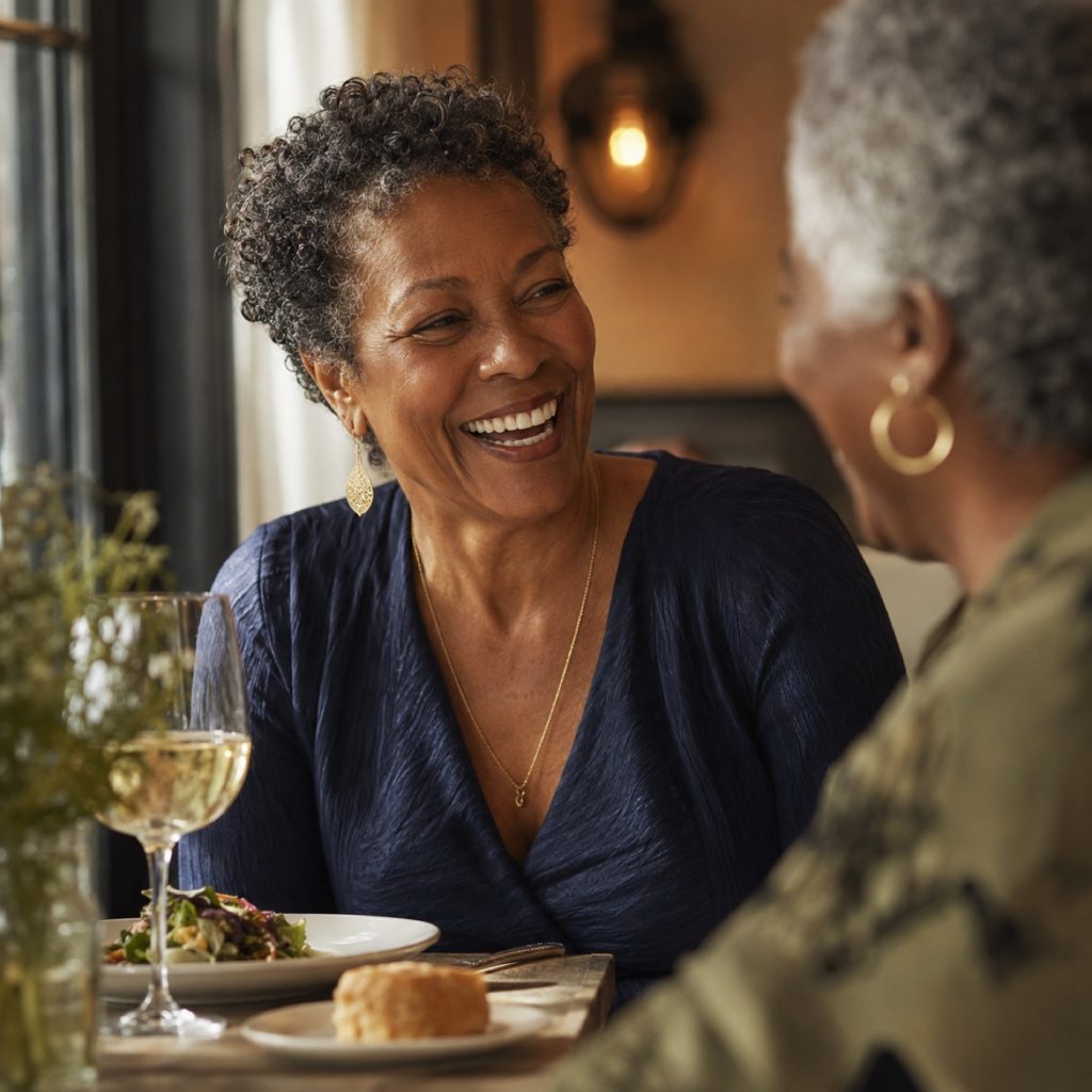 Woman laughing with a friend over dinner