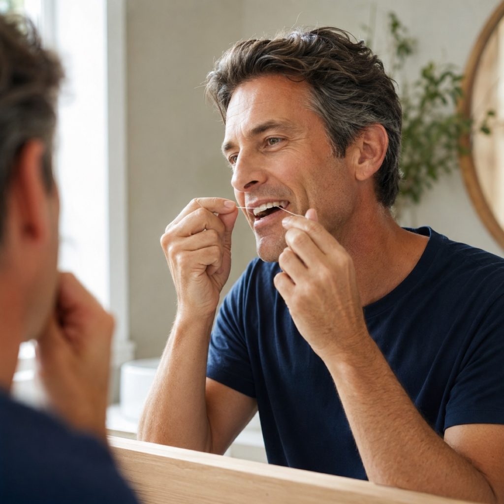 Man flossing his teeth in a bathroom mirror