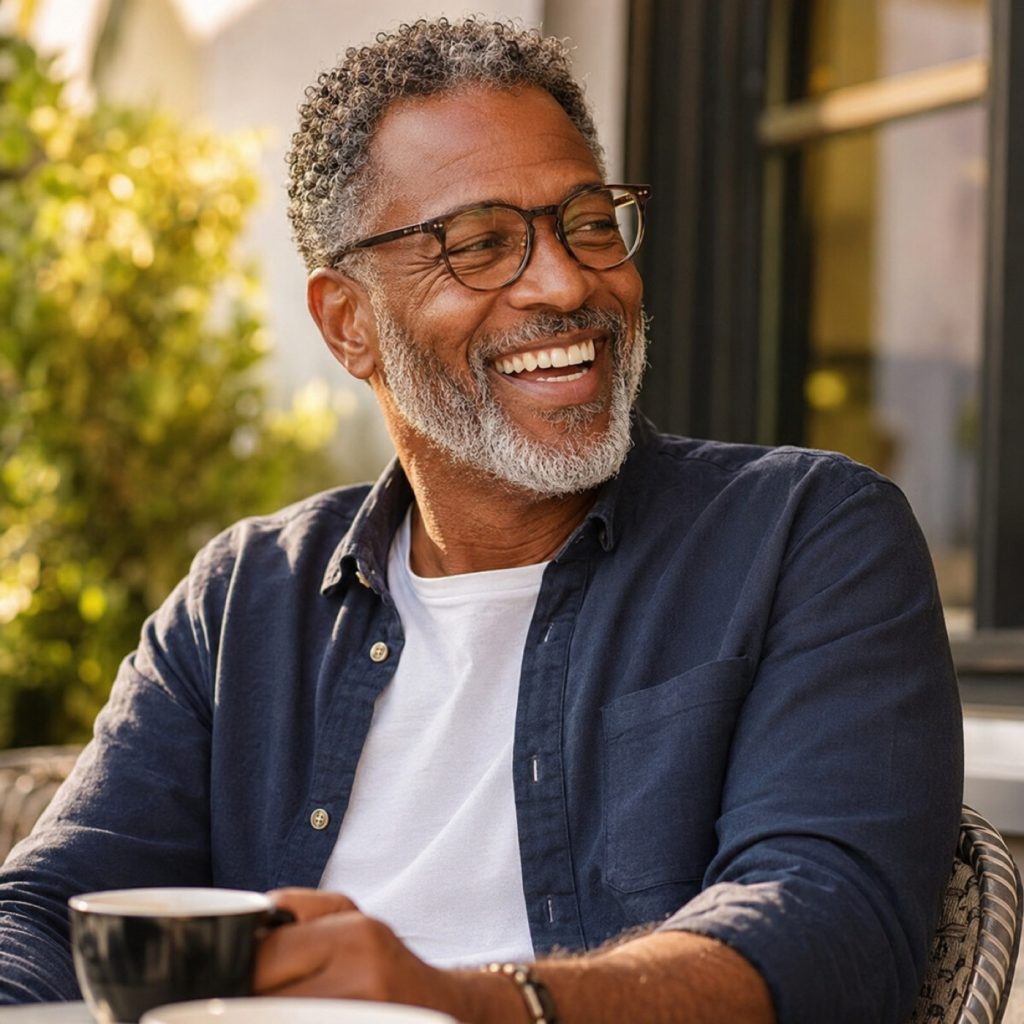 Older man laughing over coffee with a complete, confident smile