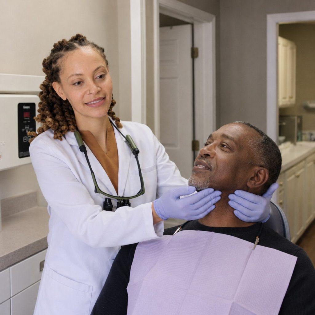 Clinician checking along a patient's jaw and neck during an oral cancer screening