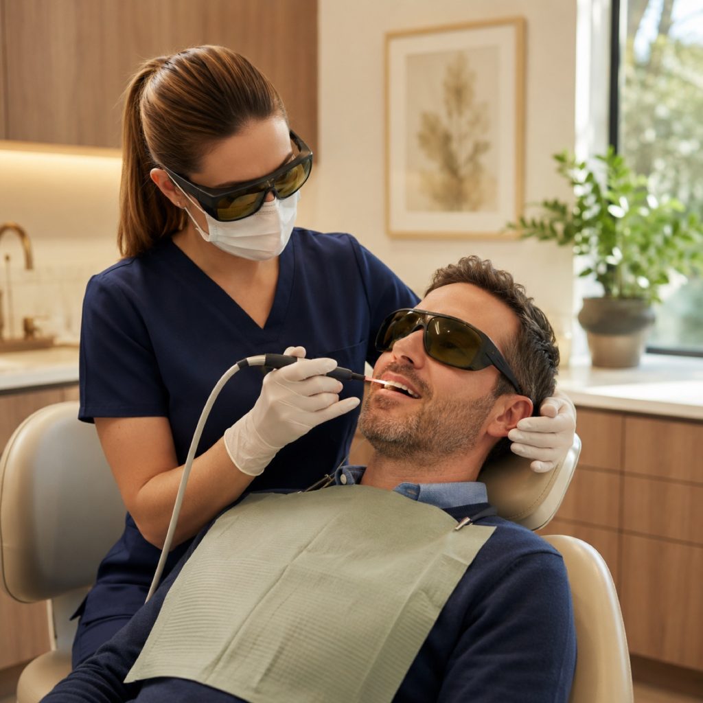 Clinician performing laser gum treatment on a patient wearing protective glasses