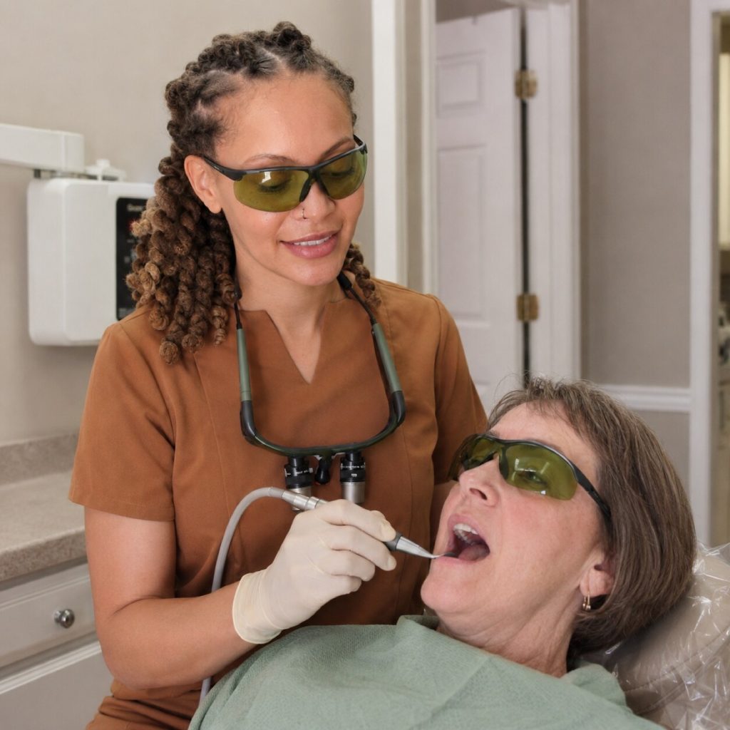 Clinician and patient wearing protective glasses during laser gum treatment