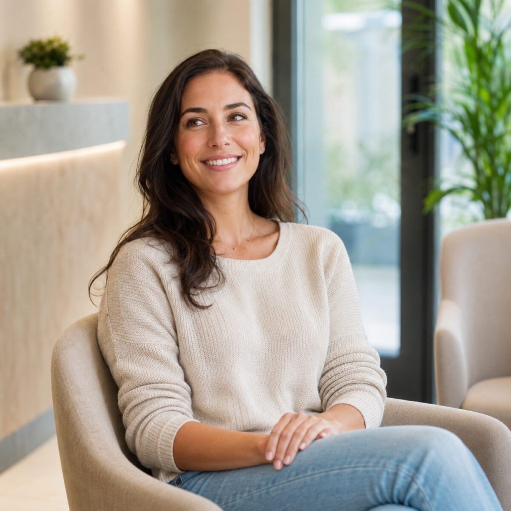 Woman seated comfortably in a calm dental office lobby before a new patient exam