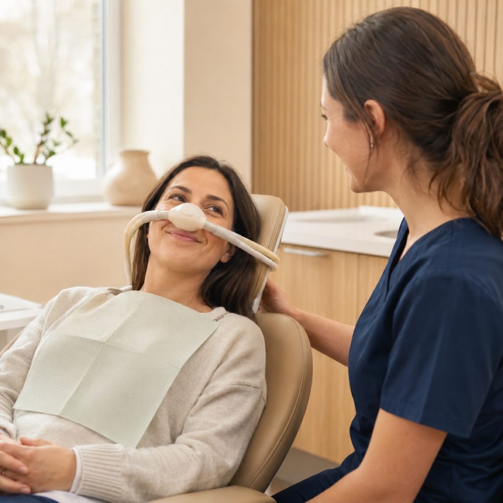 Patient relaxing with a nitrous oxide nasal mask as a clinician adjusts the chair