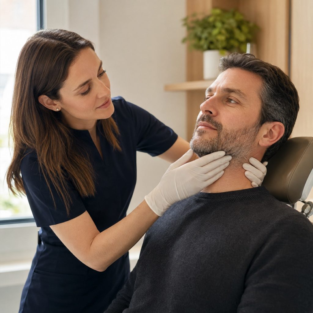 Clinician gently checking along a patient's jaw and neck during an oral cancer screening