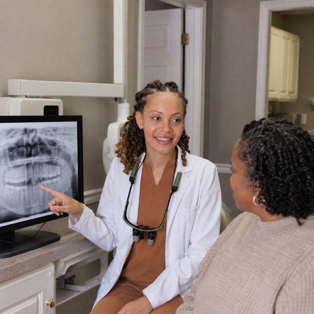 Clinician pointing to a panoramic X-ray on screen while talking with a patient