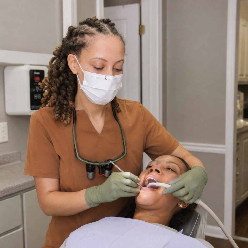 Clinician performing a periodontal cleaning for a reclined patient