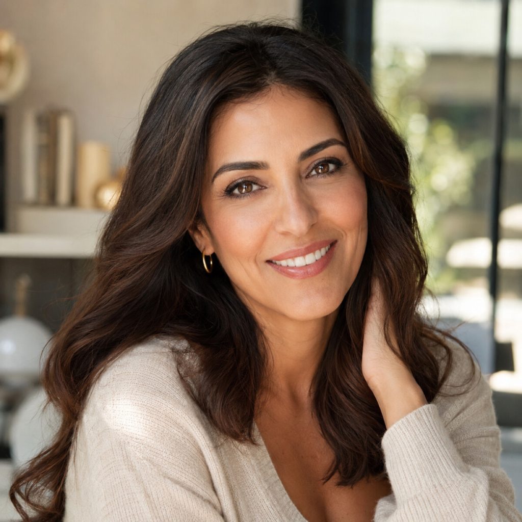 Woman with a polished, symmetrical smile in soft natural light