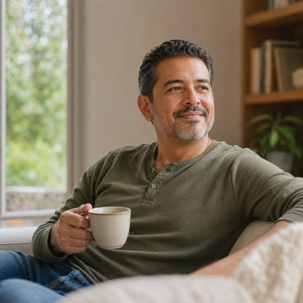 Relaxed man enjoying a warm drink at home, comfortable after tooth pain relief