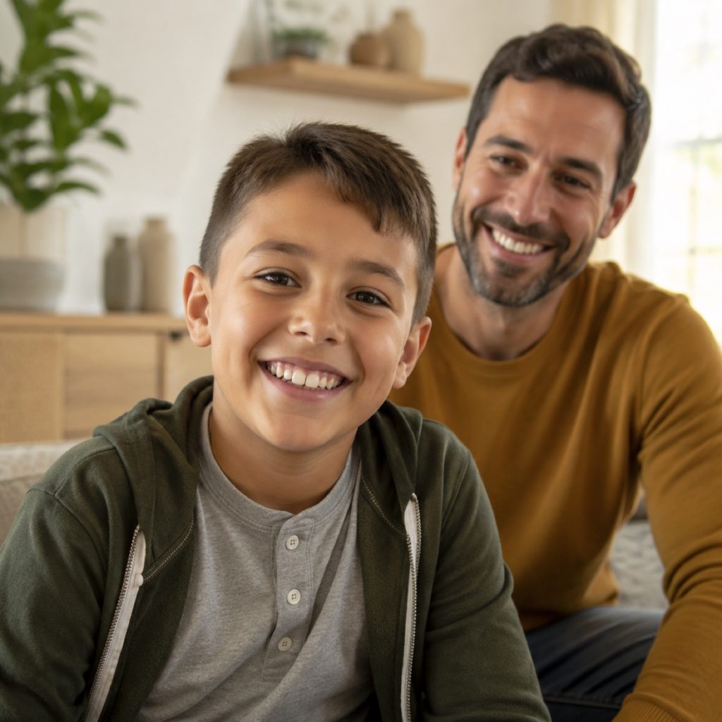 Smiling school-age boy with his father at home