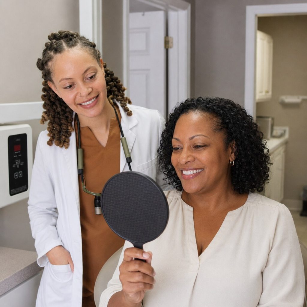 Patient admiring her finished smile in a hand mirror with the clinician nearby