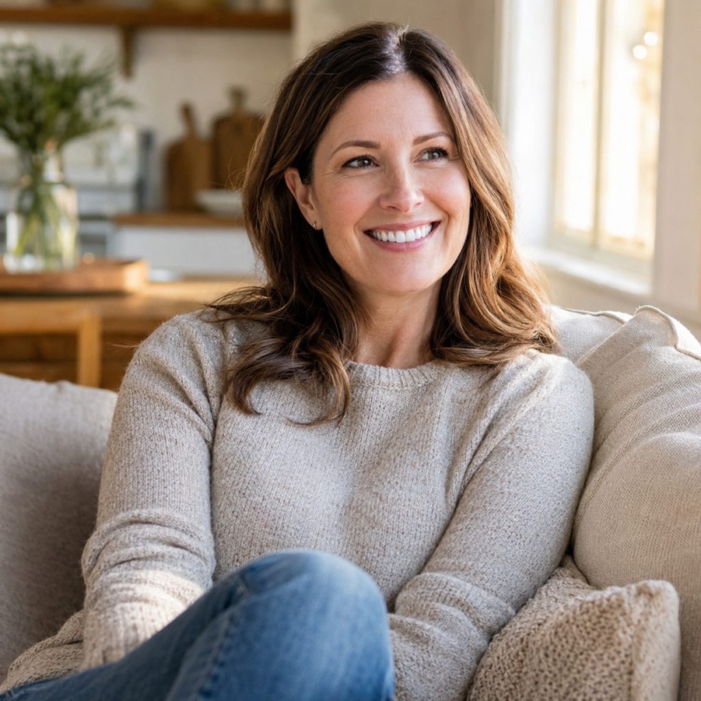 Woman smiling on a couch, showing the natural look tooth-colored fillings preserve