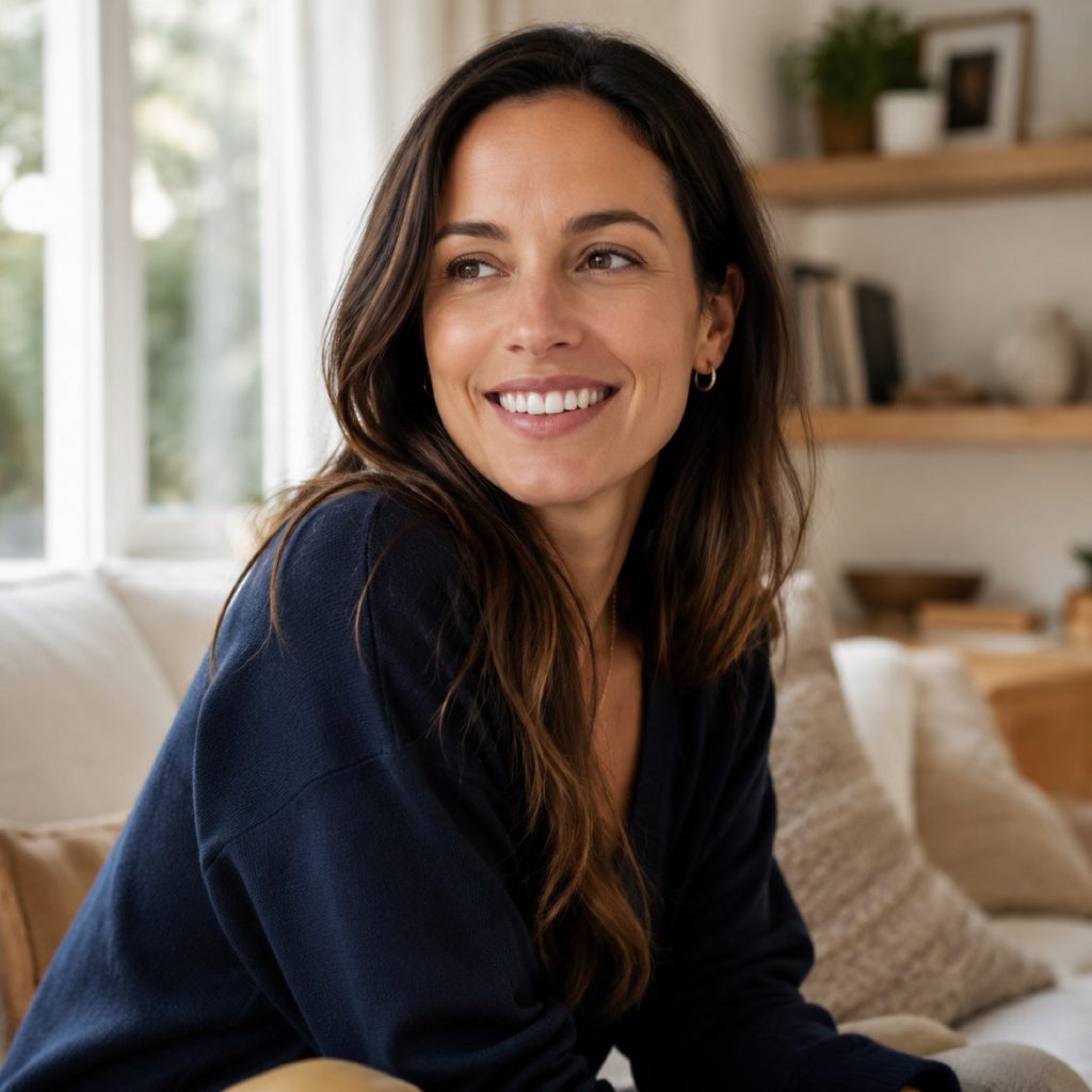 Woman with a bright smile relaxing at home